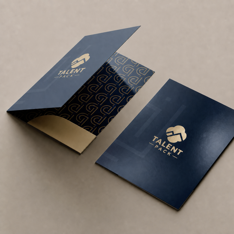 Custom navy presentation folder with gold TALENT PACK logo
